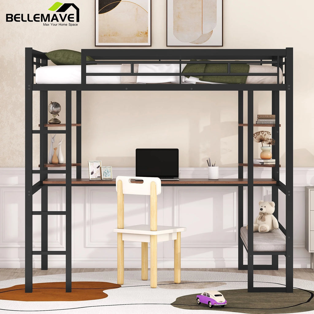Full Size Metal Loft Bed with Desk and Shelves W626525