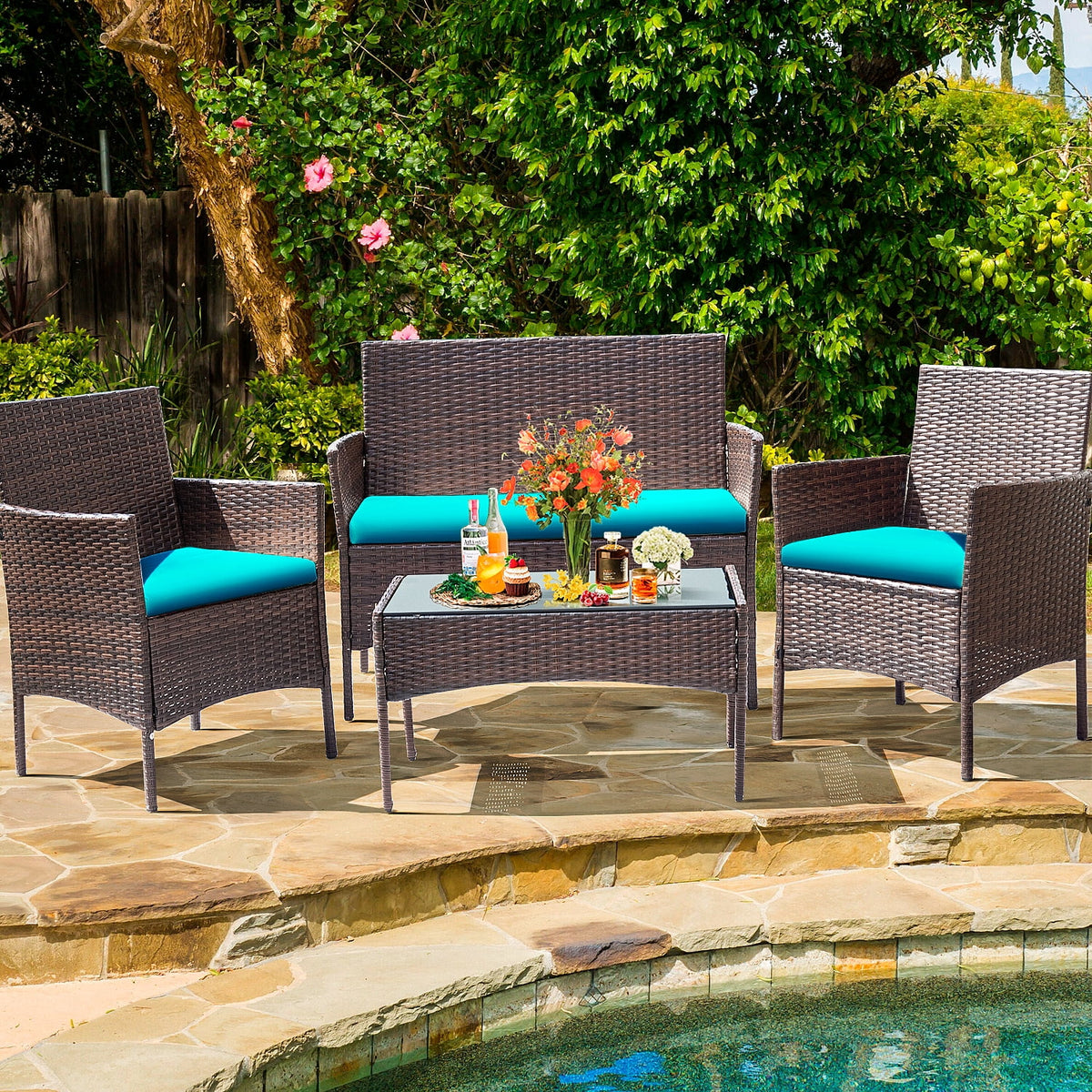 4 Piece PE Rattan Wicker Patio Table and Chairs Set with Cushions E412191