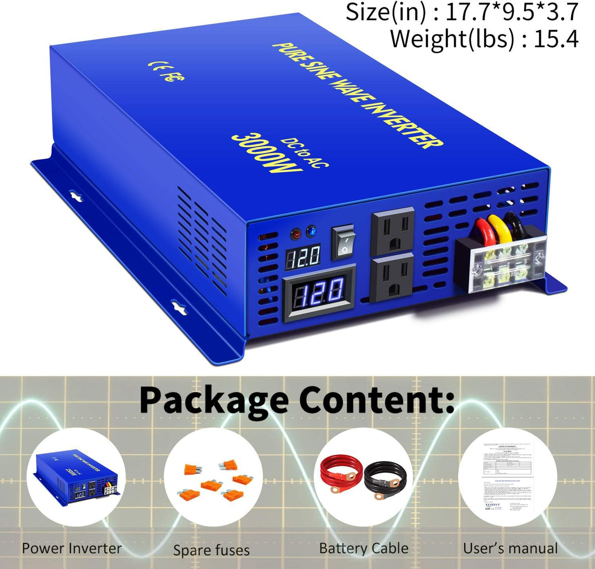 3000W Pure Sine Wave Power Inverter 12v to 110v 120v DC to AC with 2 USA Outlets 2 Battery Cables O79864