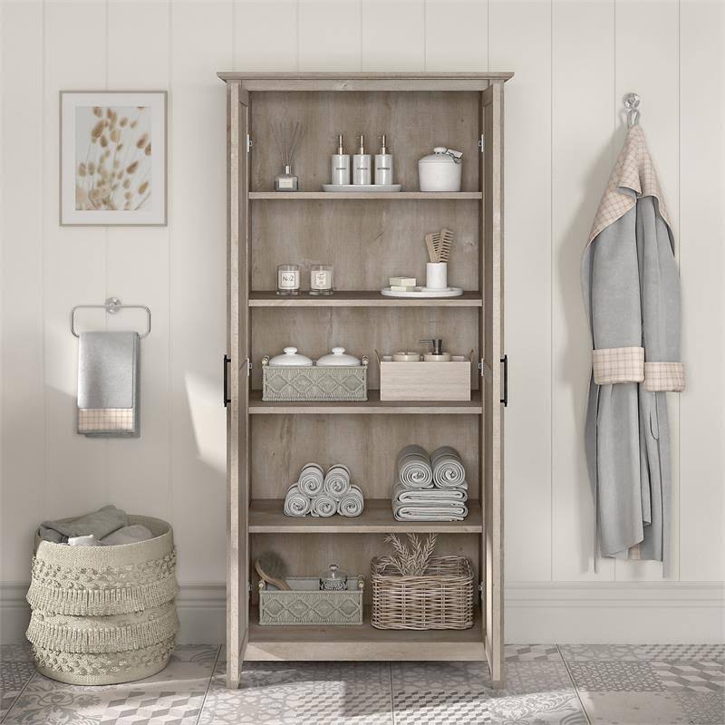 Washed Gray Engineered Wood Bathroom Storage Cabinet with Doors A40538
