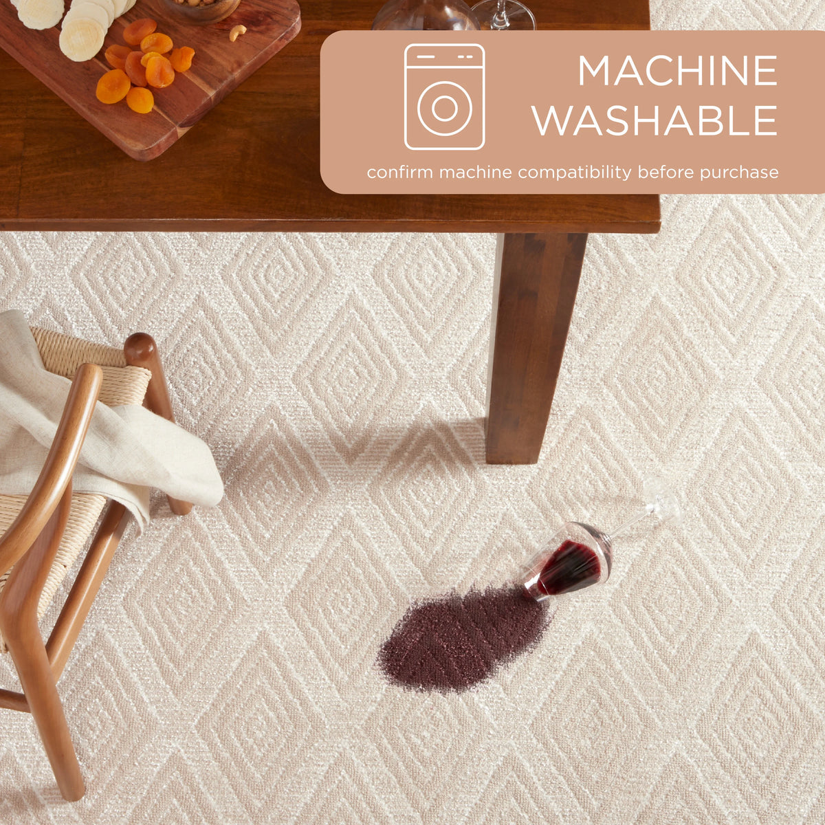 Beige Washable Area Rug with Non-Slip Backing U6488