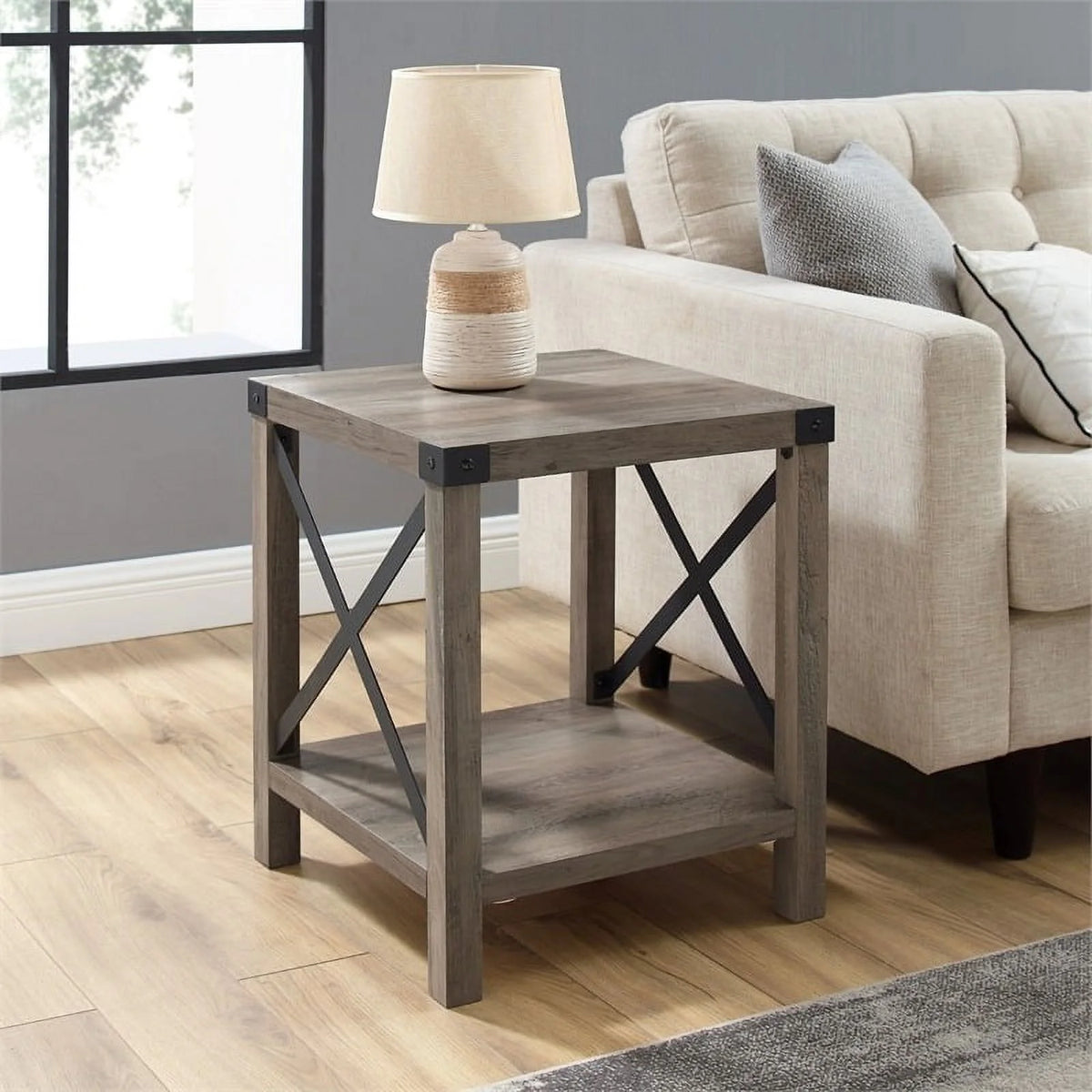 18" Gray Farmhouse Wood Side Table with Metal Frame Q797264