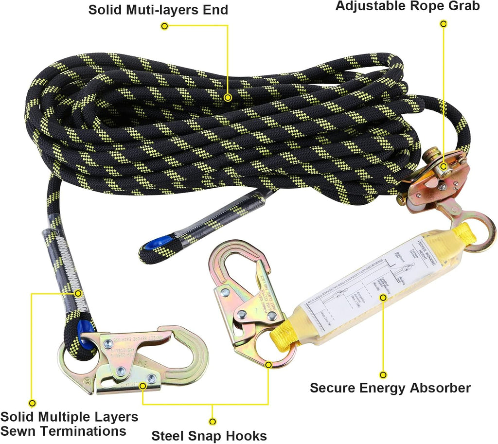 25 ft Rope Assembly with Rope Grab Snap Hooks Shock Absorber CE Standard Fall Protection Rope Kits Pack of 2 V826