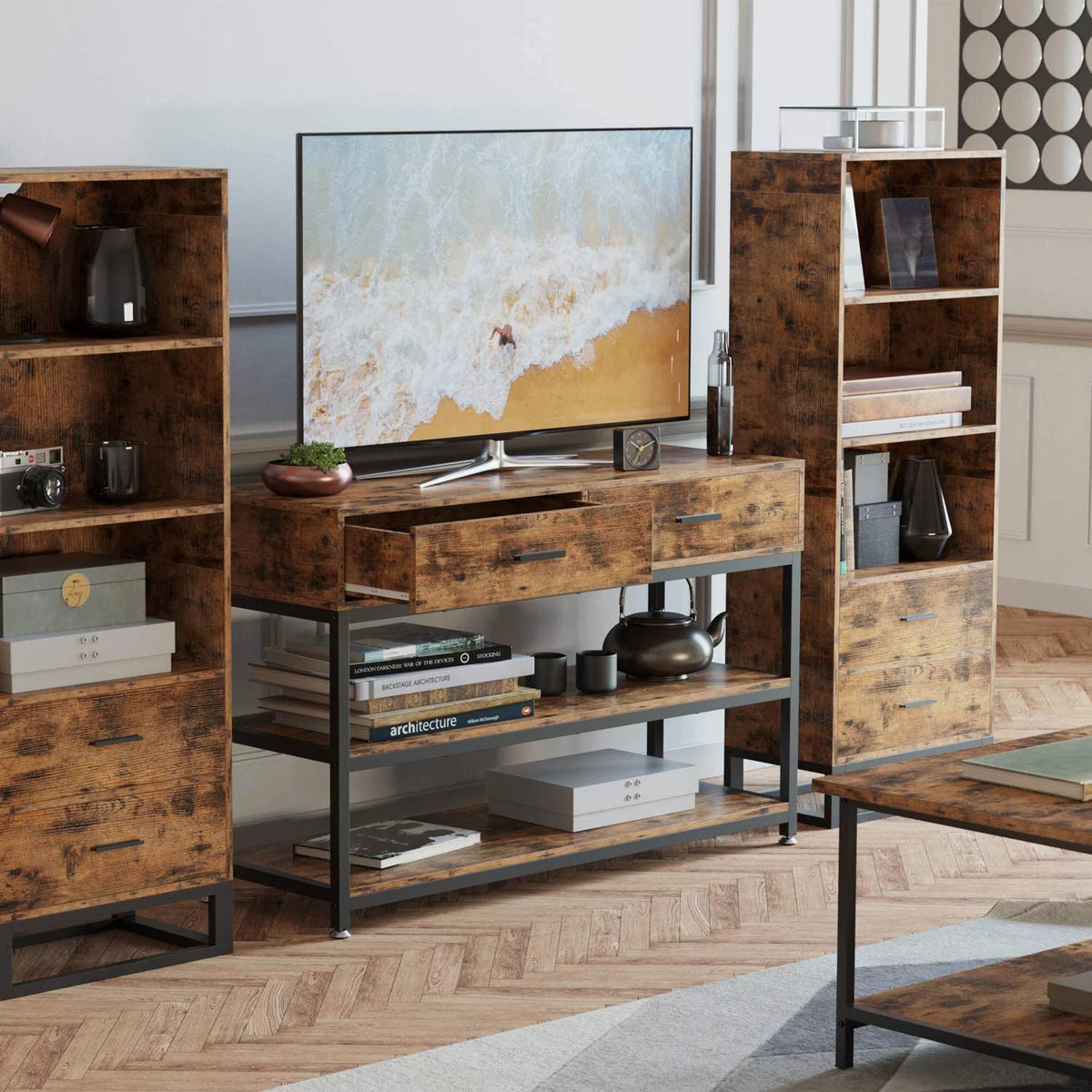 47 Inches Vintage Brown TV Stand with Drawers Q185388