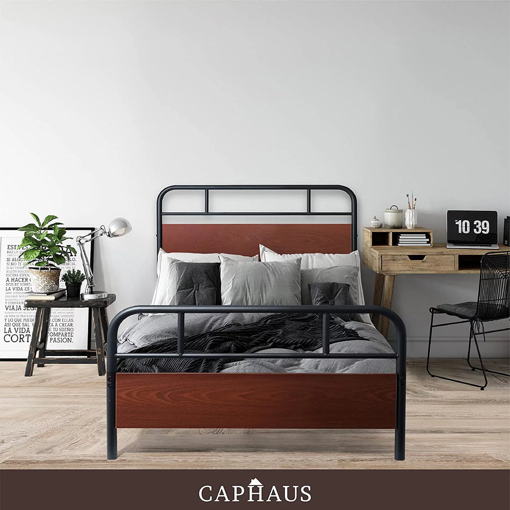 Twin Size Walnut Metal Platform Bed with Wood Headboard and Footboard E993