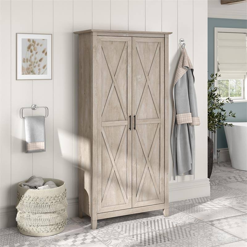 Washed Gray Engineered Wood Bathroom Storage Cabinet with Doors A40538