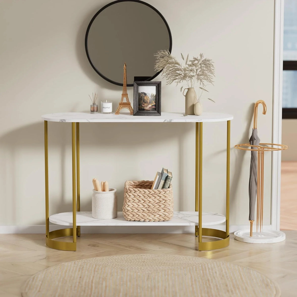 45.3" Gold Faux Marble 2-Tier Console Table I24196