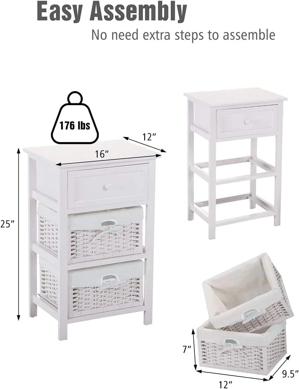 White 3 Tiers Nightstand with One Drawer 2 Baskets T1917