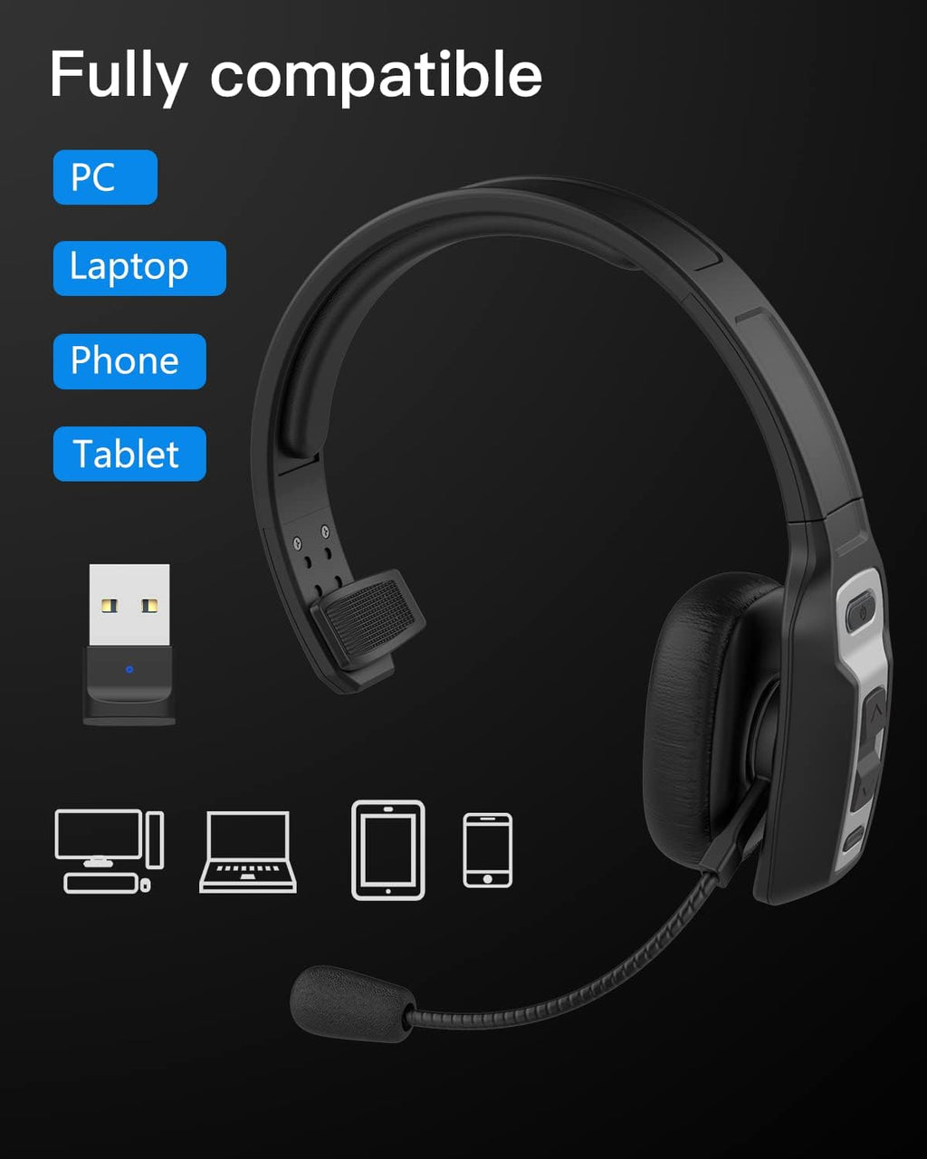 Bluetooth Headset with USB Dongle, Single-Ear Wireless Headset with Noise Cancelling Microphone, Pack of 2 Y384094