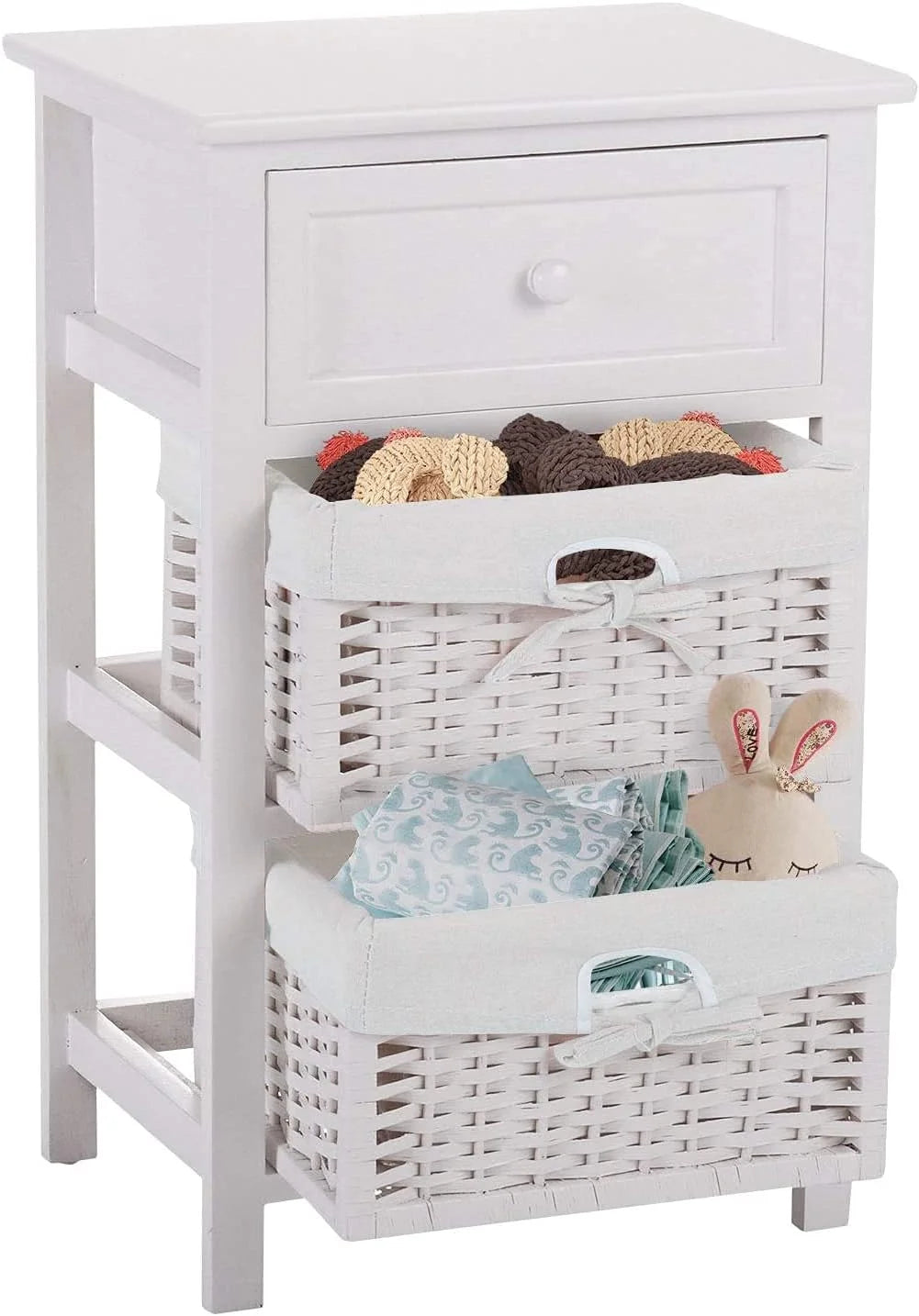 White 3 Tiers Nightstand with One Drawer 2 Baskets T1917
