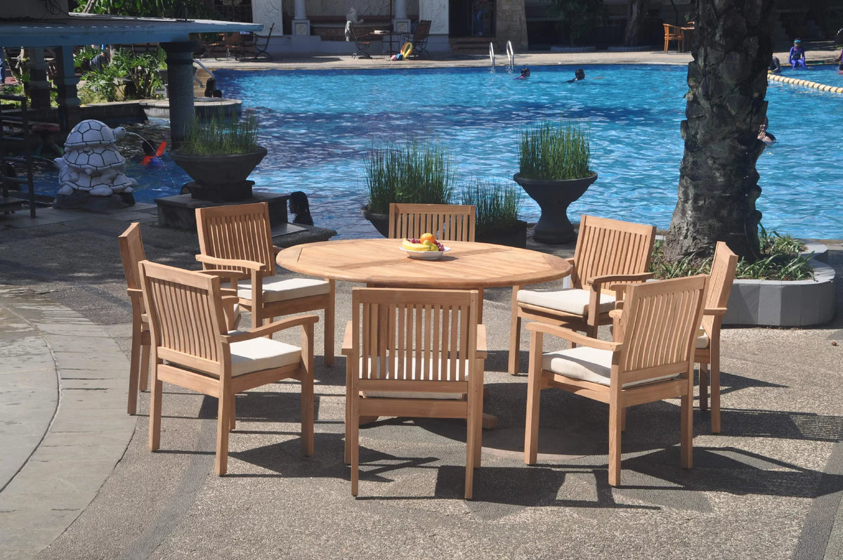 Grade-A Teak 9 Pc Dining Set with 60" Round Table and 8 Stacking Arm Chairs U61124