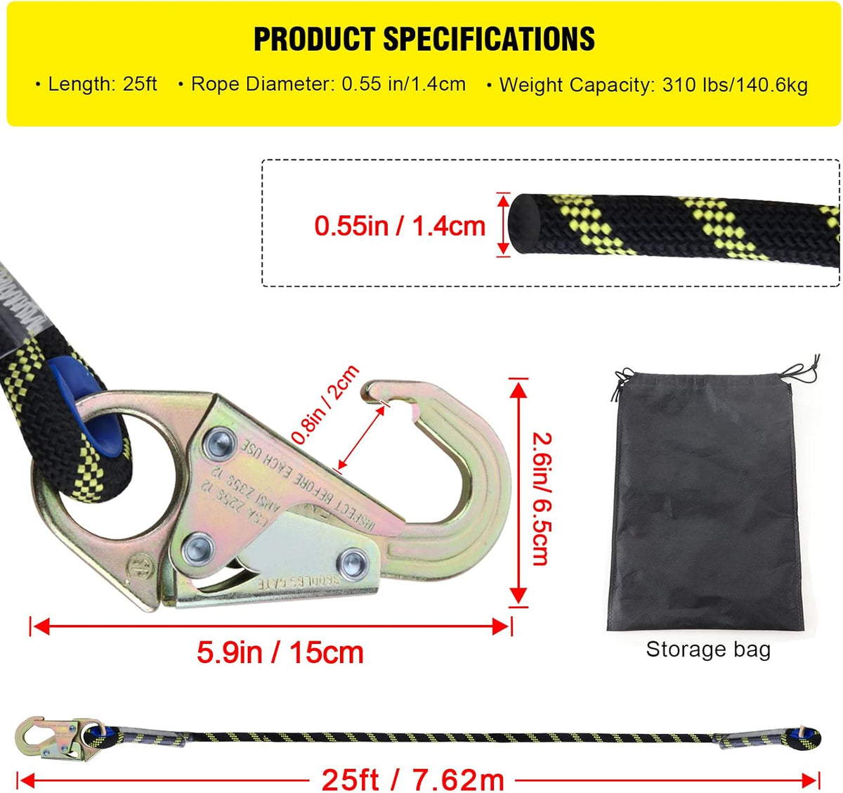 25 ft Rope Assembly with Rope Grab Snap Hooks Shock Absorber CE Standard Fall Protection Rope Kits Pack of 2 V826