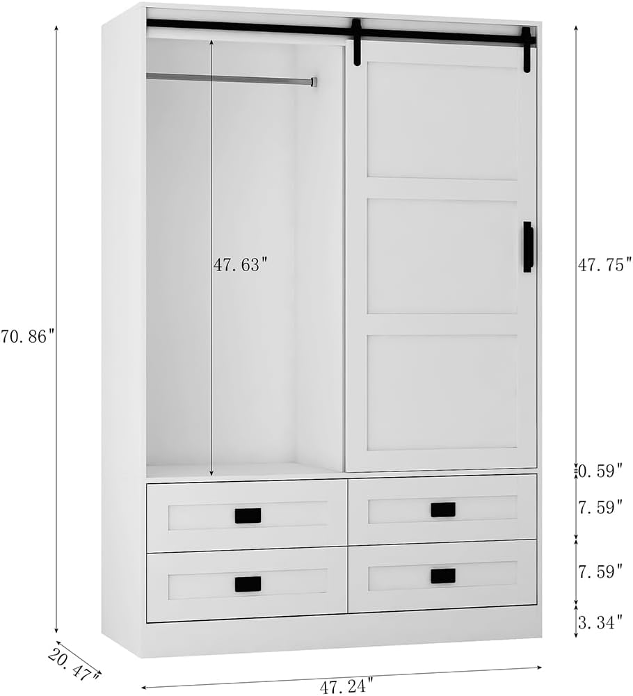 Solid Wood Armoire Wardrobe Closet with Sliding Barn Door, 4 Drawers, 3 Adjustable Shelves & Hanging Rod T364