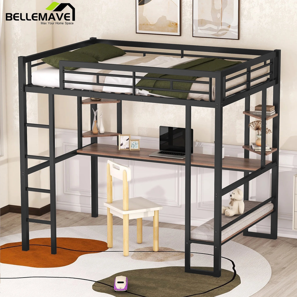 Full Size Metal Loft Bed with Desk and Shelves W626525