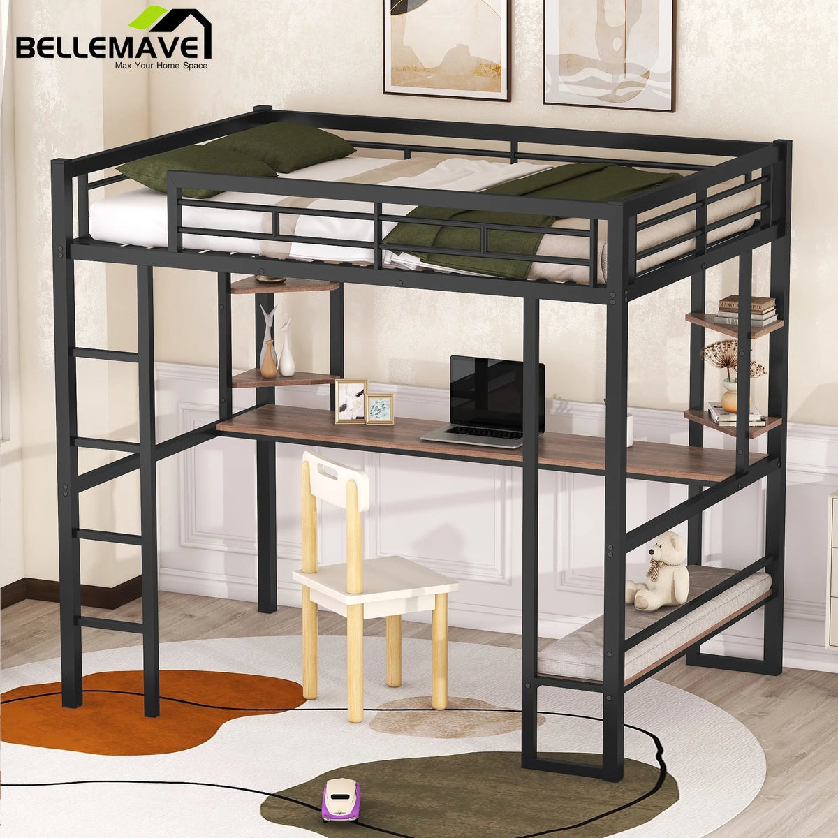 Full Size Metal Loft Bed with Desk and Shelves W626525