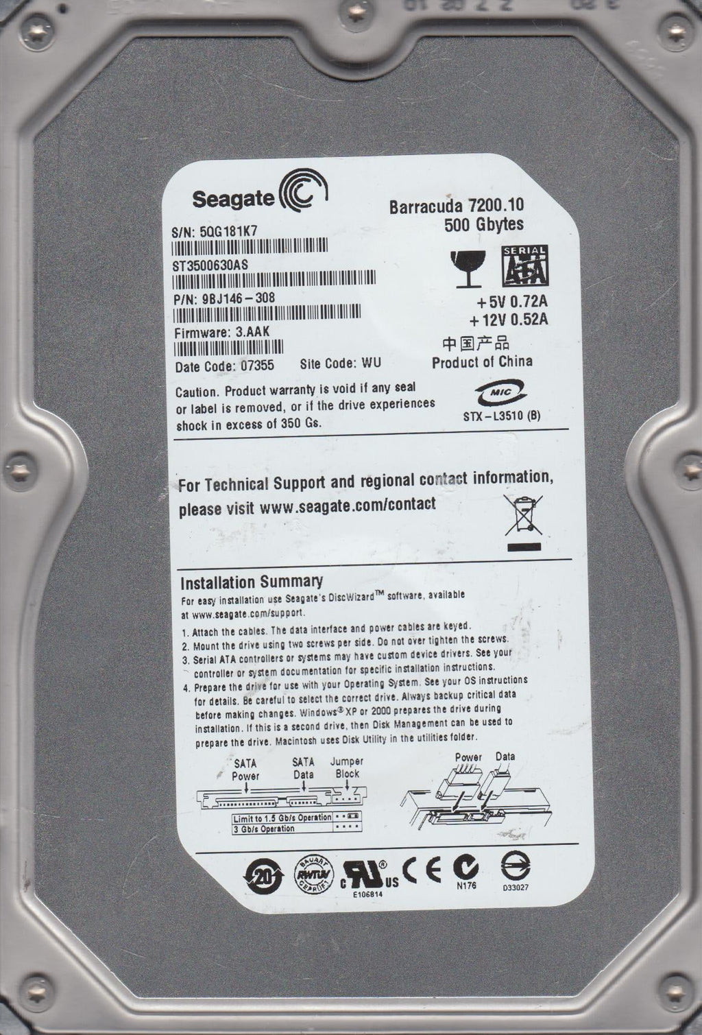 500GB SATA 3.5 Hard Drive U959211