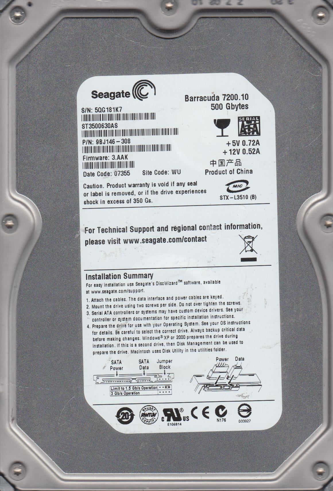 500GB SATA 3.5 Hard Drive U959211