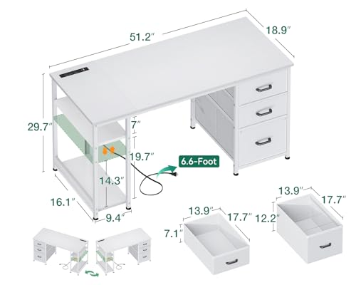 51 Inch Computer Desk with Fabric Drawers & USB Power Outlets P68261