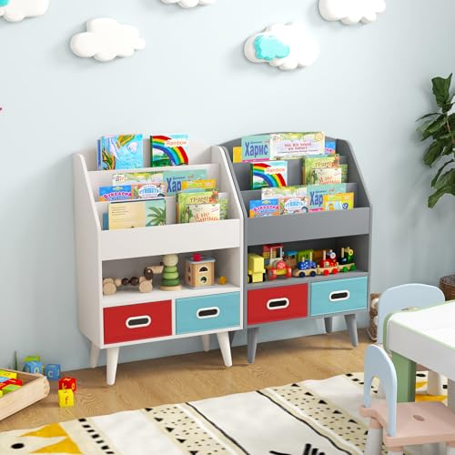 White Wooden Kids Bookshelf with 2 Cube Bins V18814
