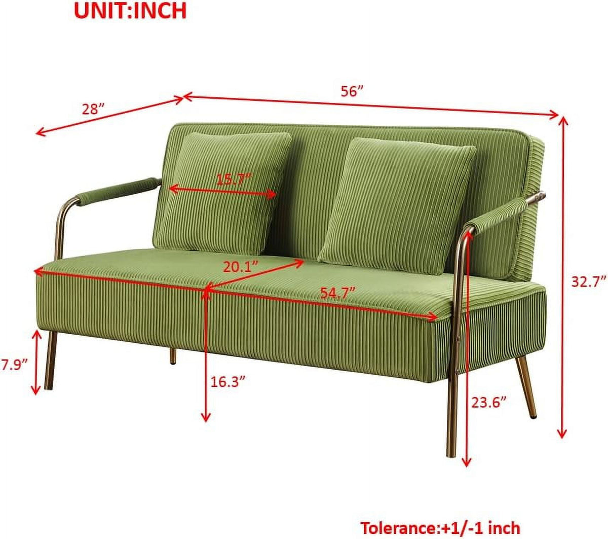 55" Pleated Velvet Loveseat Sofa with 2 Throw Pillows and Gold Metal Legs F484699