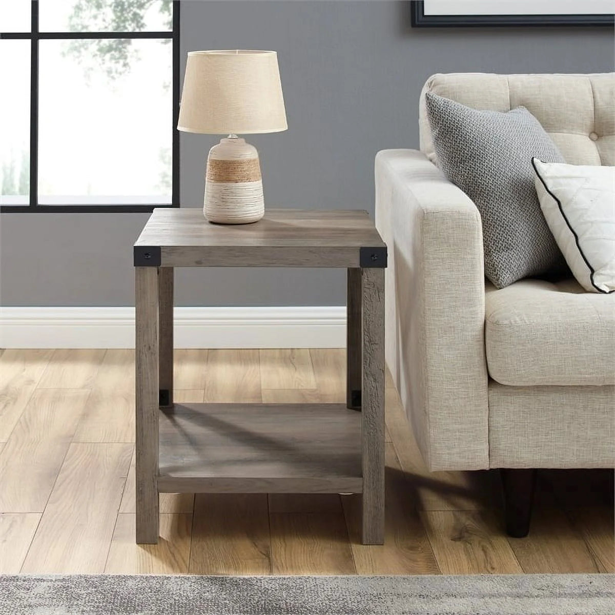 18" Gray Farmhouse Wood Side Table with Metal Frame Q797264