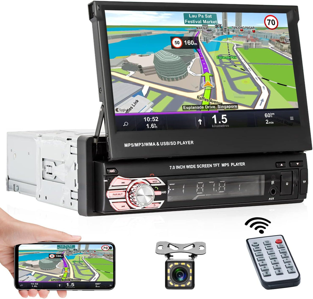 Single Din 7 Inch Flip Out Touchscreen Car Stereo with Backup Camera Q57779