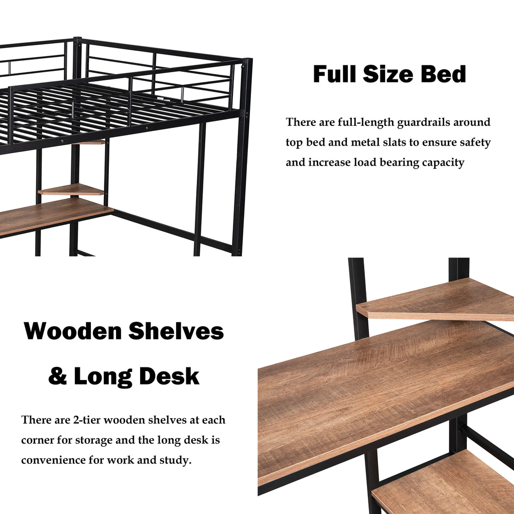 Full Size Metal Loft Bed with Desk and Shelves W626525