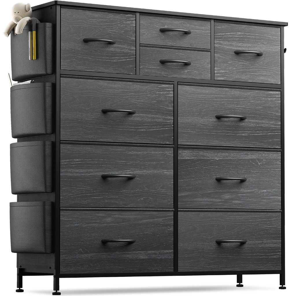 Black 10 Drawer Fabric Dresser with Wood Top S339418