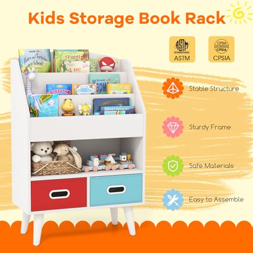 White Wooden Kids Bookshelf with 2 Cube Bins V18814