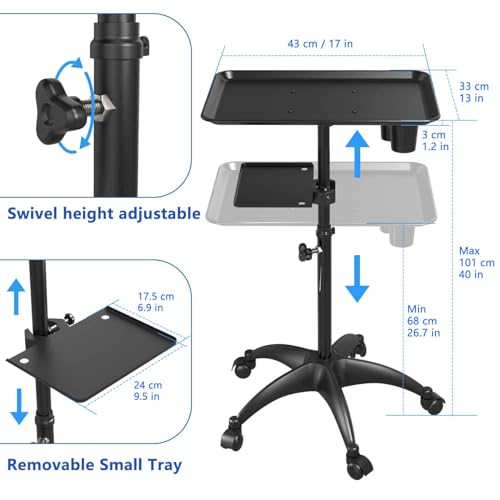 Black Adjustable Height Aluminum Salon Tray Cart with Wheels A683630