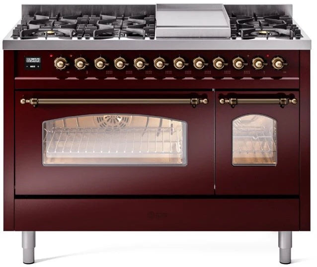 48 Dual Fuel Natural Gas Range in Burgundy with Bronze Trim L249