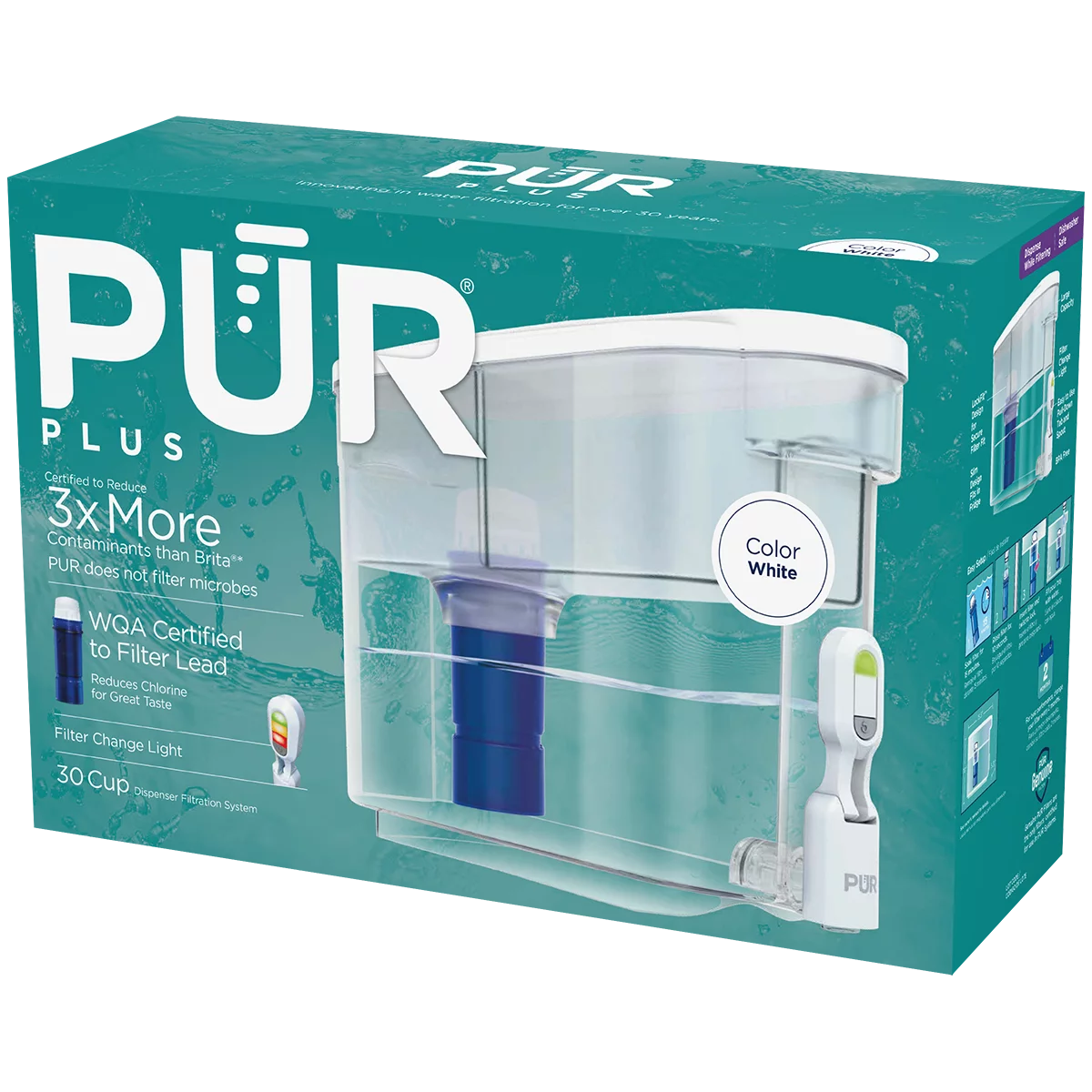 30 Cup Water Filter Dispenser with Filter, Dishwasher Safe, White H215