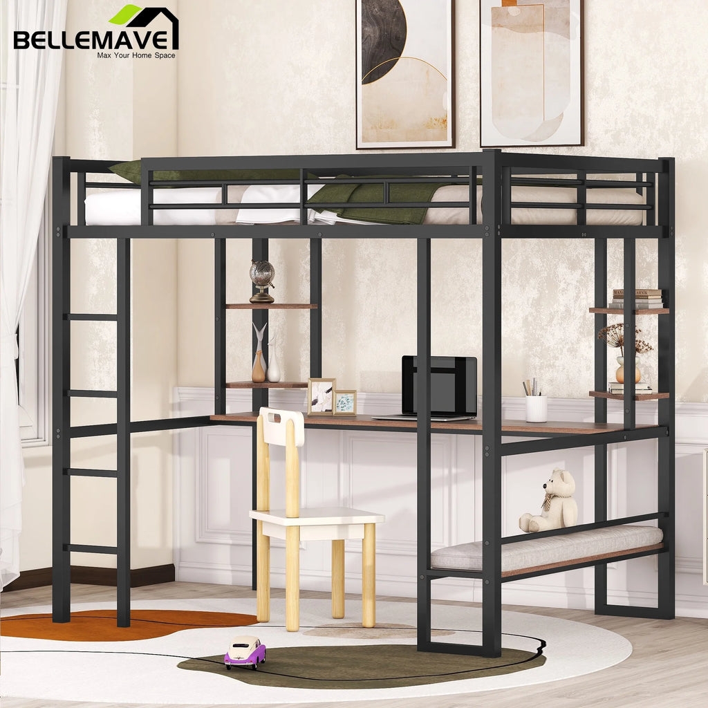 Full Size Metal Loft Bed with Desk and Shelves W626525