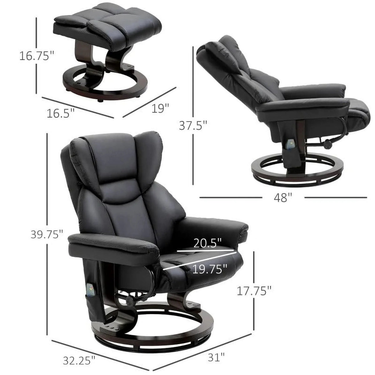 Black Faux Leather Remote Massage Recliner Chair with Ottoman M39815