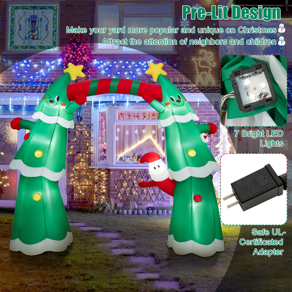 11FT Inflatable Christmas Tree Arch with Santa Claus LED Lights D8770