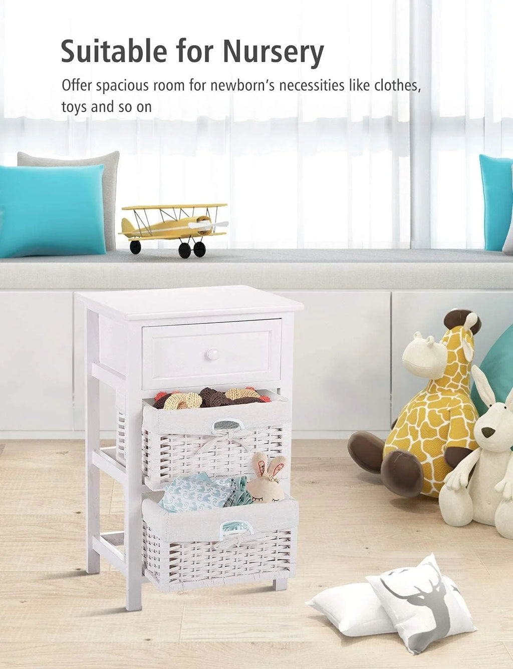 White 3 Tiers Nightstand with One Drawer 2 Baskets T1917