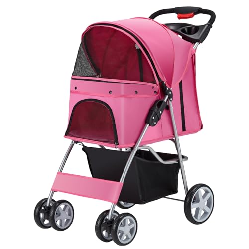 Purple 4 Wheels Folding Pet Stroller with Storage Basket & Breathable Mesh W30779