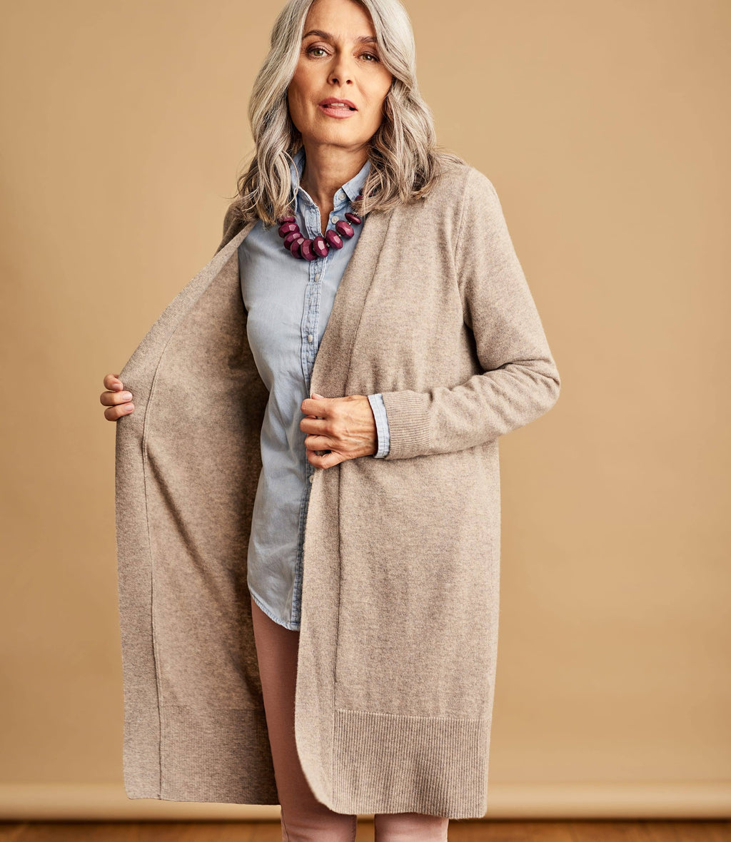 Beige Open Long Cashmere Cardigan O8131