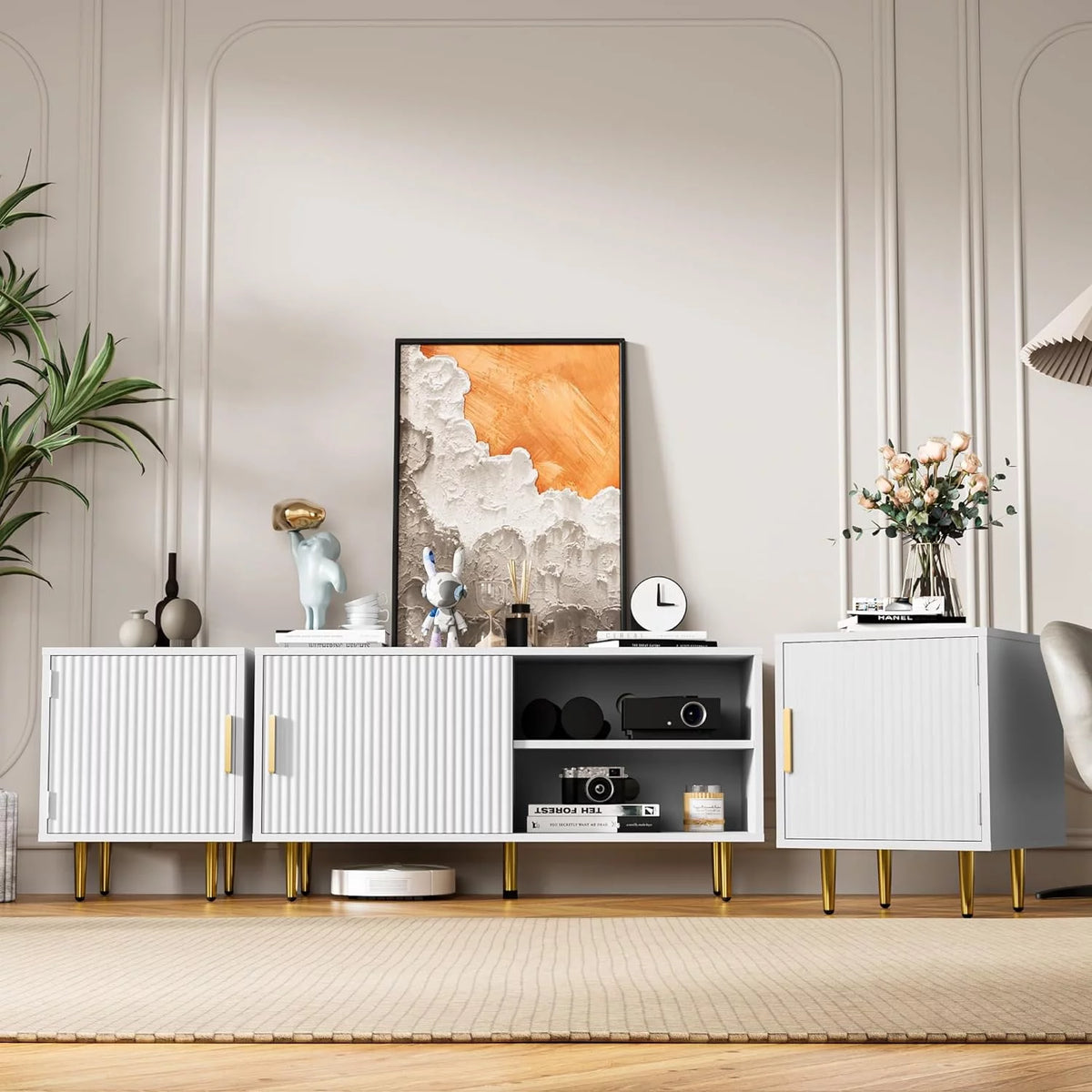 White TV Stand with Storage Cabinet W572