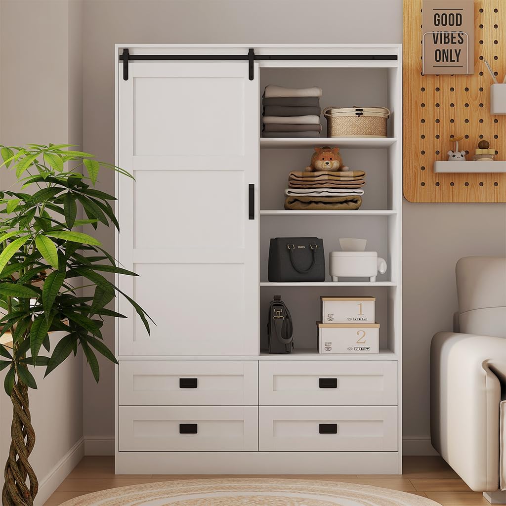 Solid Wood Armoire Wardrobe Closet with Sliding Barn Door, 4 Drawers, 3 Adjustable Shelves & Hanging Rod T364