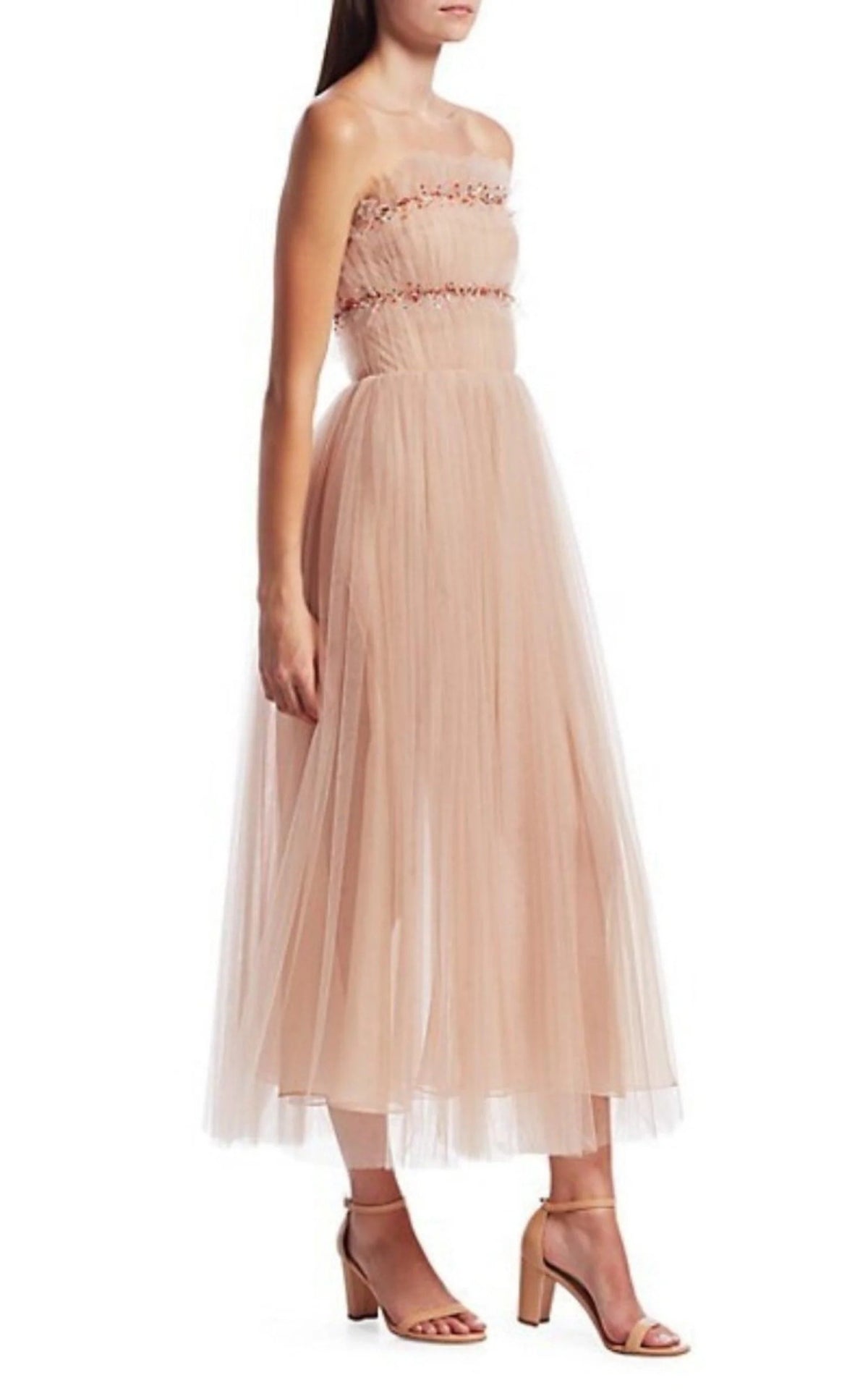 Strapless Ruched Tulle Midi Dress X35256