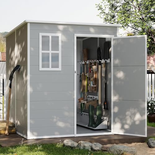 Gray White 6 x 6 FT Resin Outdoor Storage Shed with Floor D43862