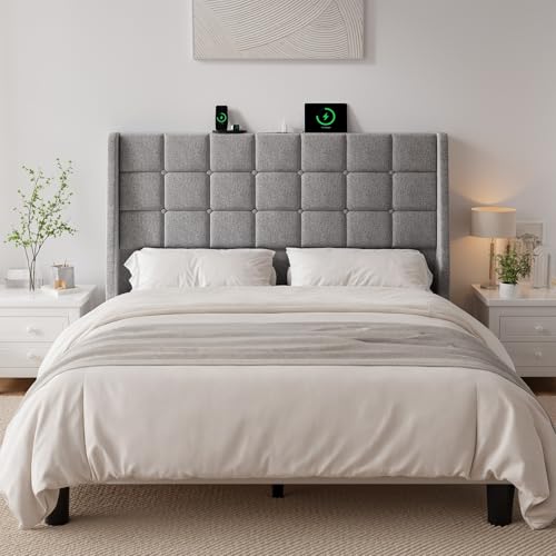 Queen Size Light Grey Linen Upholstered Headboard with Charging Station Y316