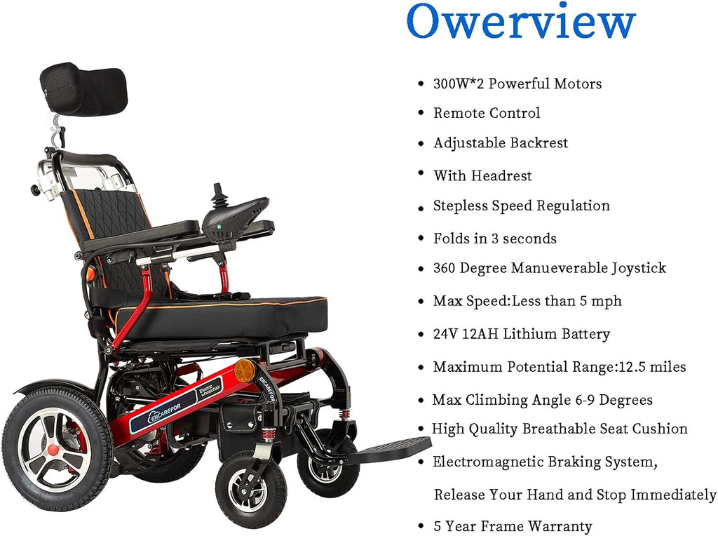 600W Remote Control Electric Wheelchair, Reclining Portable Folding Power Wheelchair, Aluminum Alloy Lithium Battery, Black and Red W452796