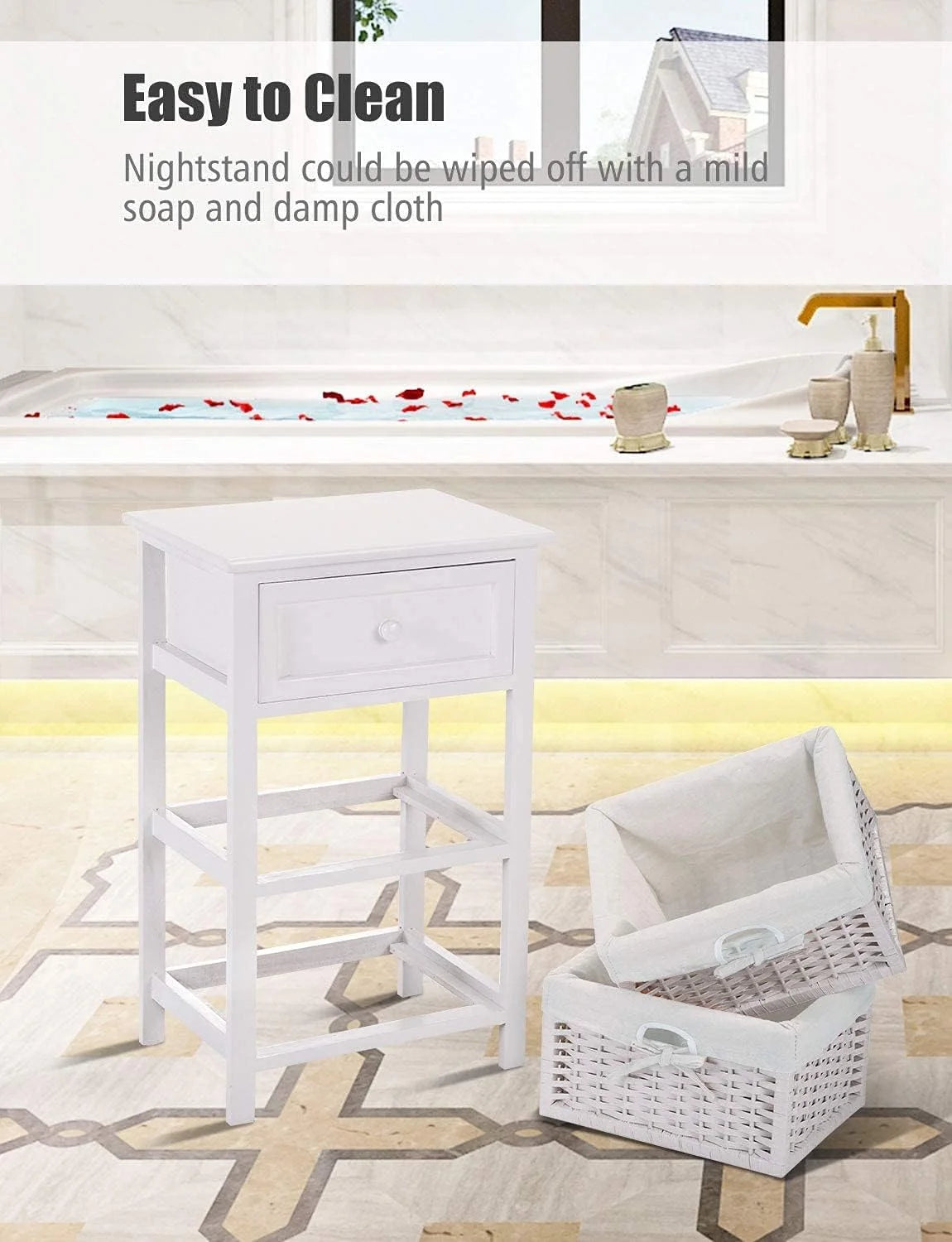 White 3 Tiers Nightstand with One Drawer 2 Baskets T1917