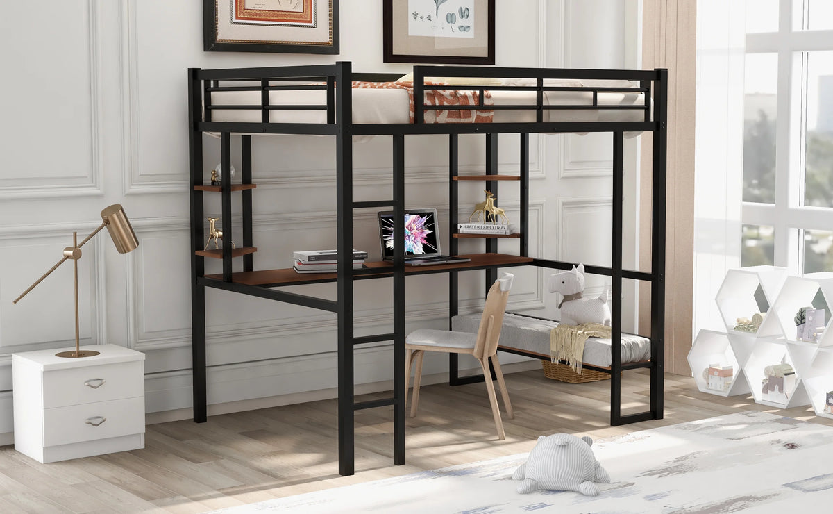 Full Size Metal Loft Bed with Desk and Shelves W626525