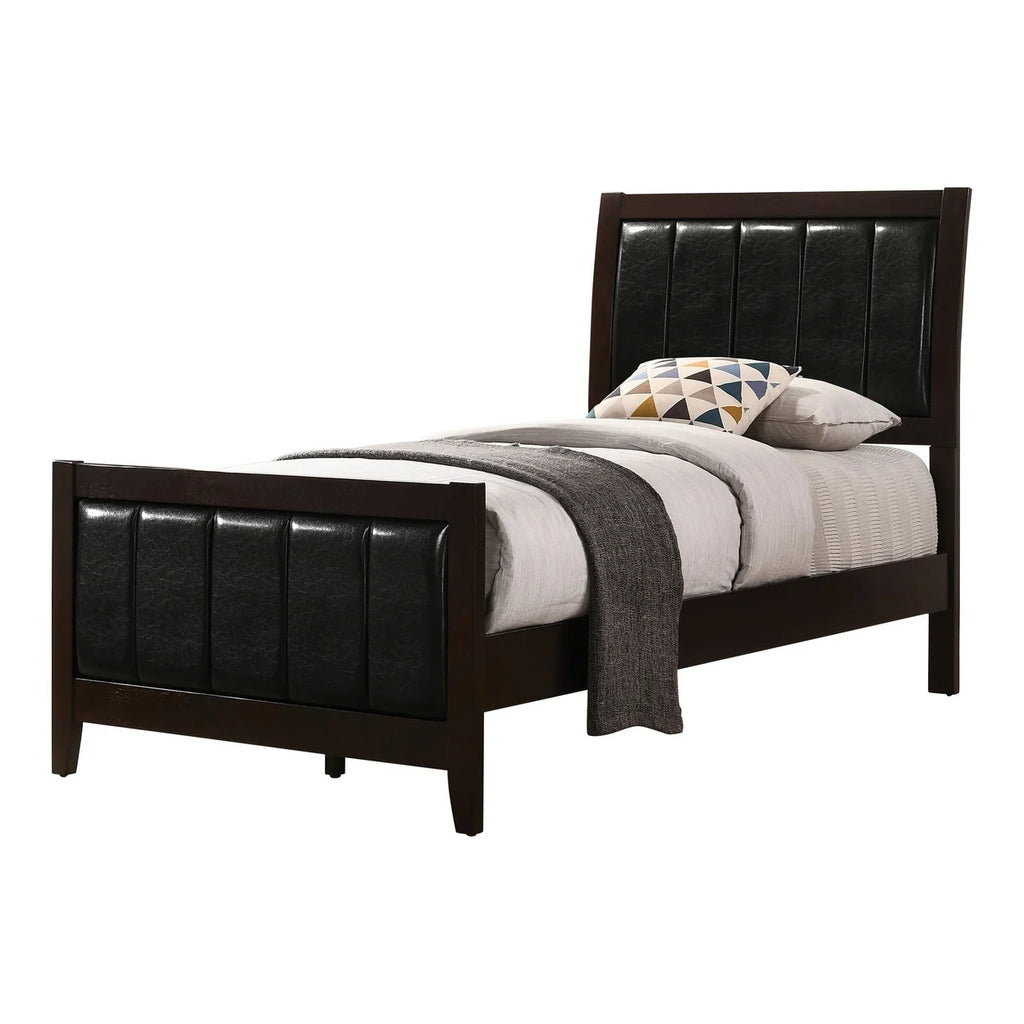 Twin Size Black Leather Upholstered Panel Bed W49381