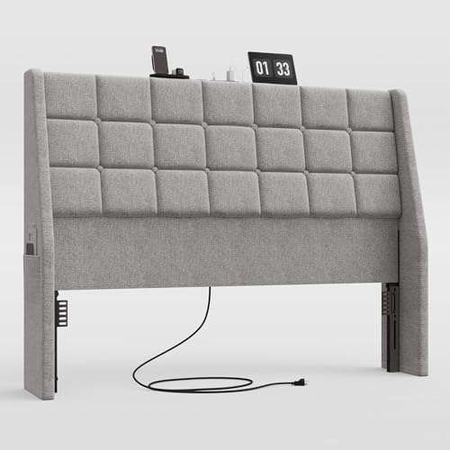 Queen Size Light Grey Linen Upholstered Headboard with Charging Station Y316