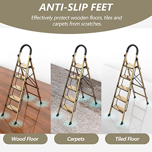 5 Step Folding Black Aluminum Ladder with Anti-Slip Pedal P108907