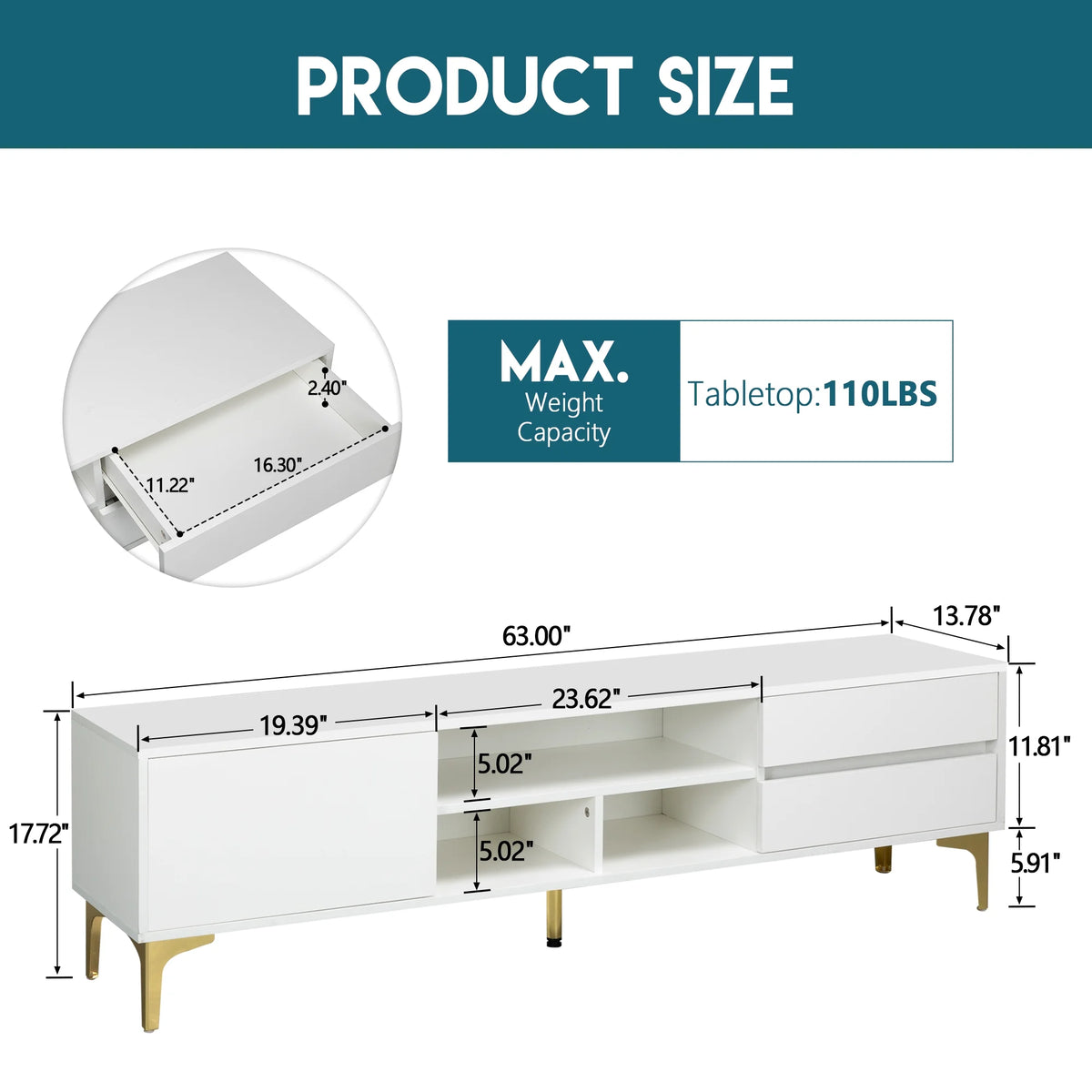 White TV Stand with LED Lights and Gold Metal Legs X316